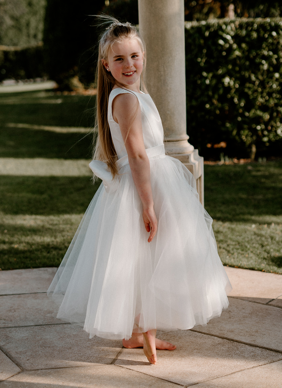 Marie - Classic Flowergirl dress with Satin Bodice, Tulle Skirt with Bow