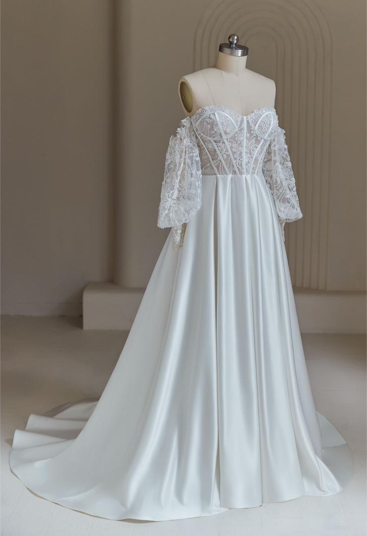 bo-ho wedding dress, illusion beaded bodice with detachable beaded balloon sleeves