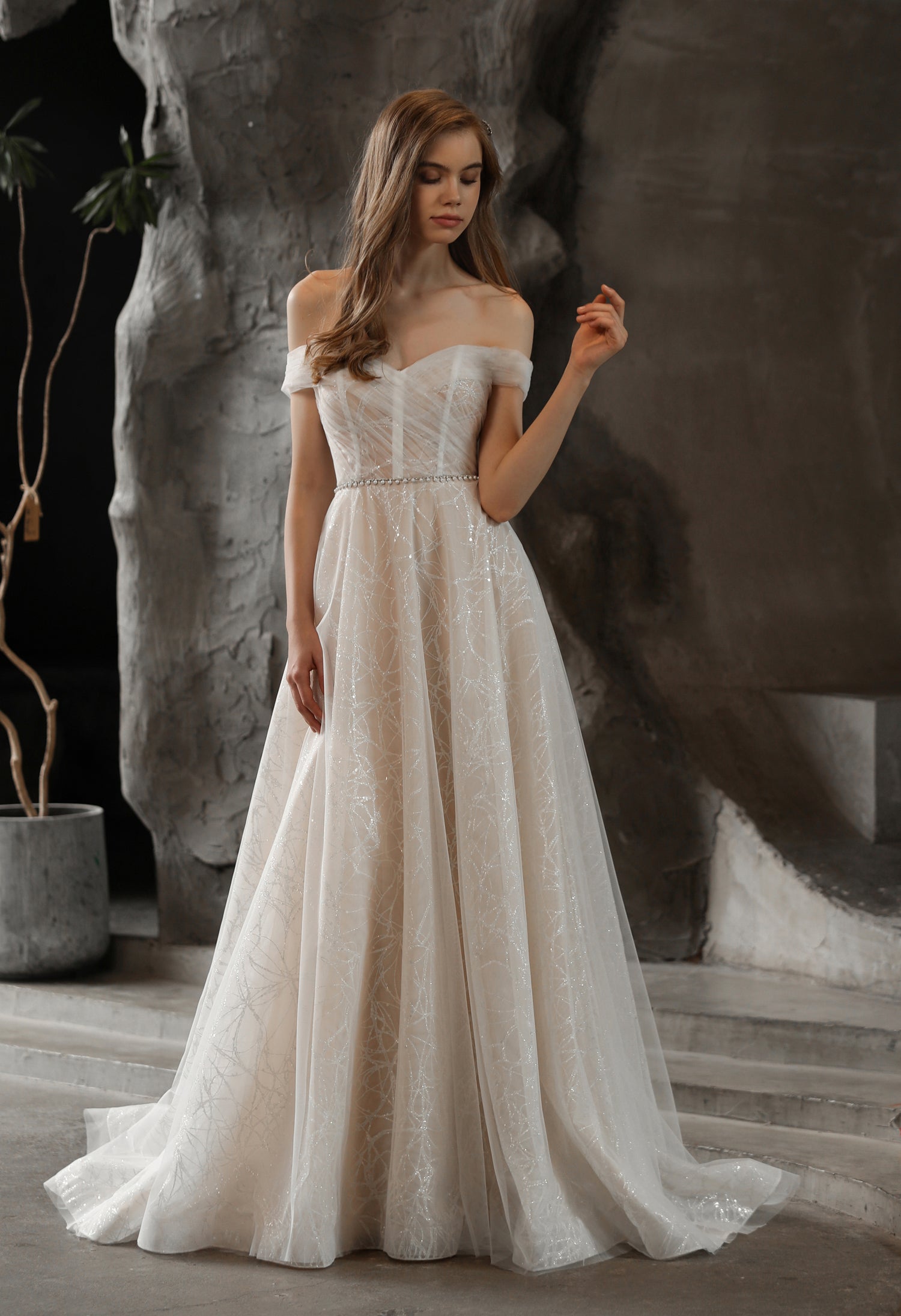 Lucinda 3012: Shimmering Off-the-Shoulder A-line Tulle Wedding Dress