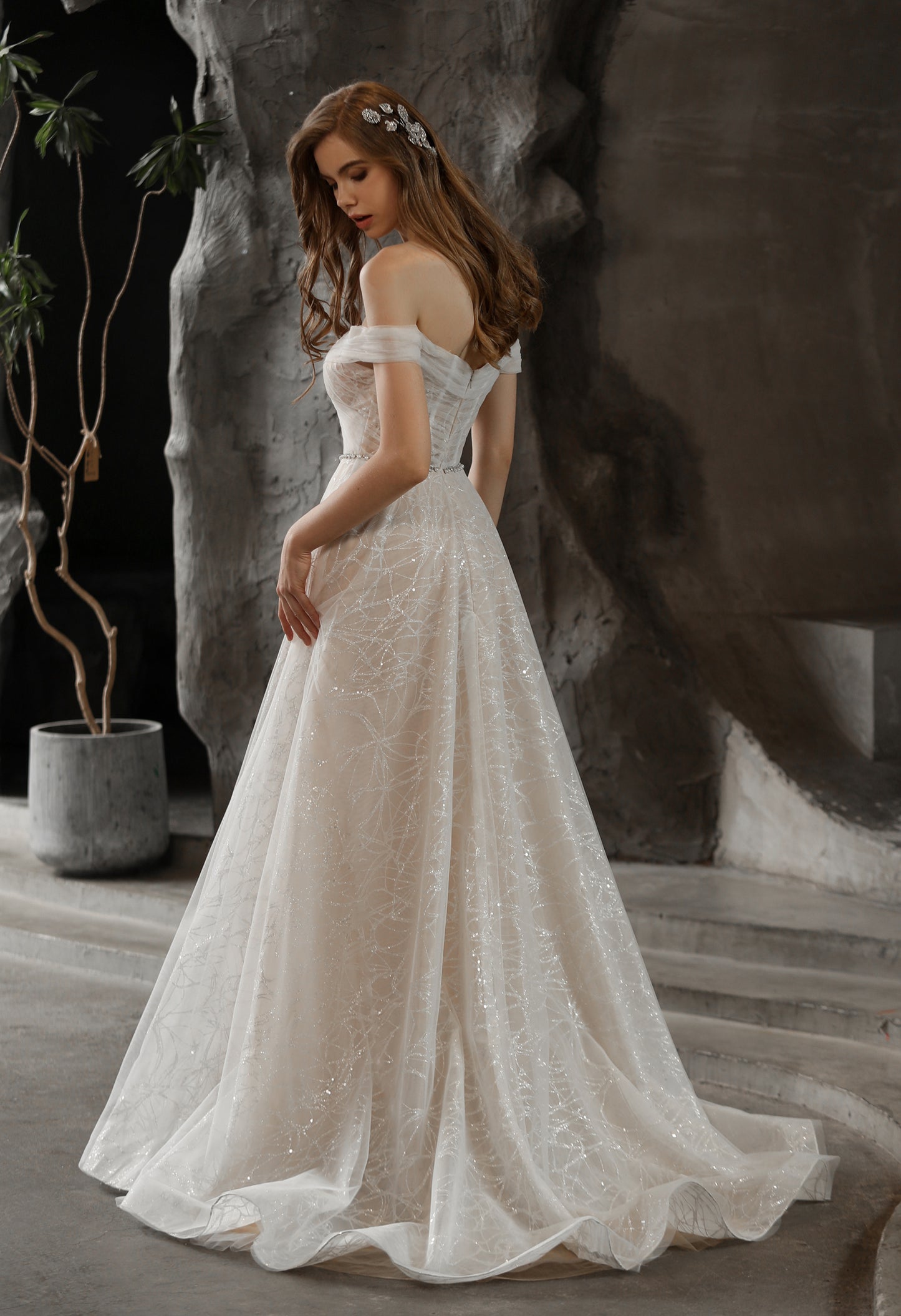 back of Lucinda 3012: Shimmering Off-the-Shoulder A-line Tulle Wedding Dress
