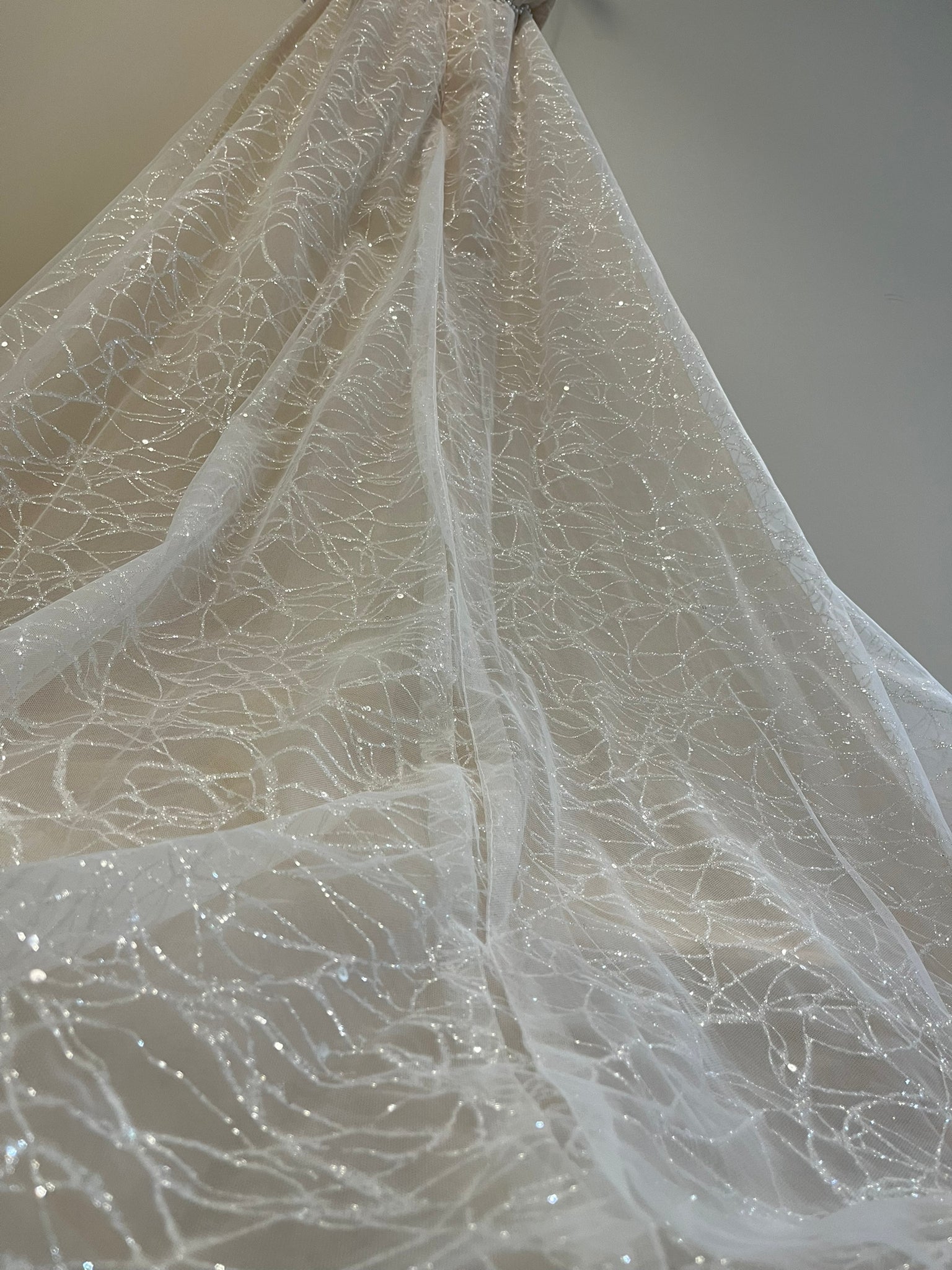 glitter train  on Lucinda 3012: Shimmering Off-the-Shoulder A-line Tulle Wedding Dress