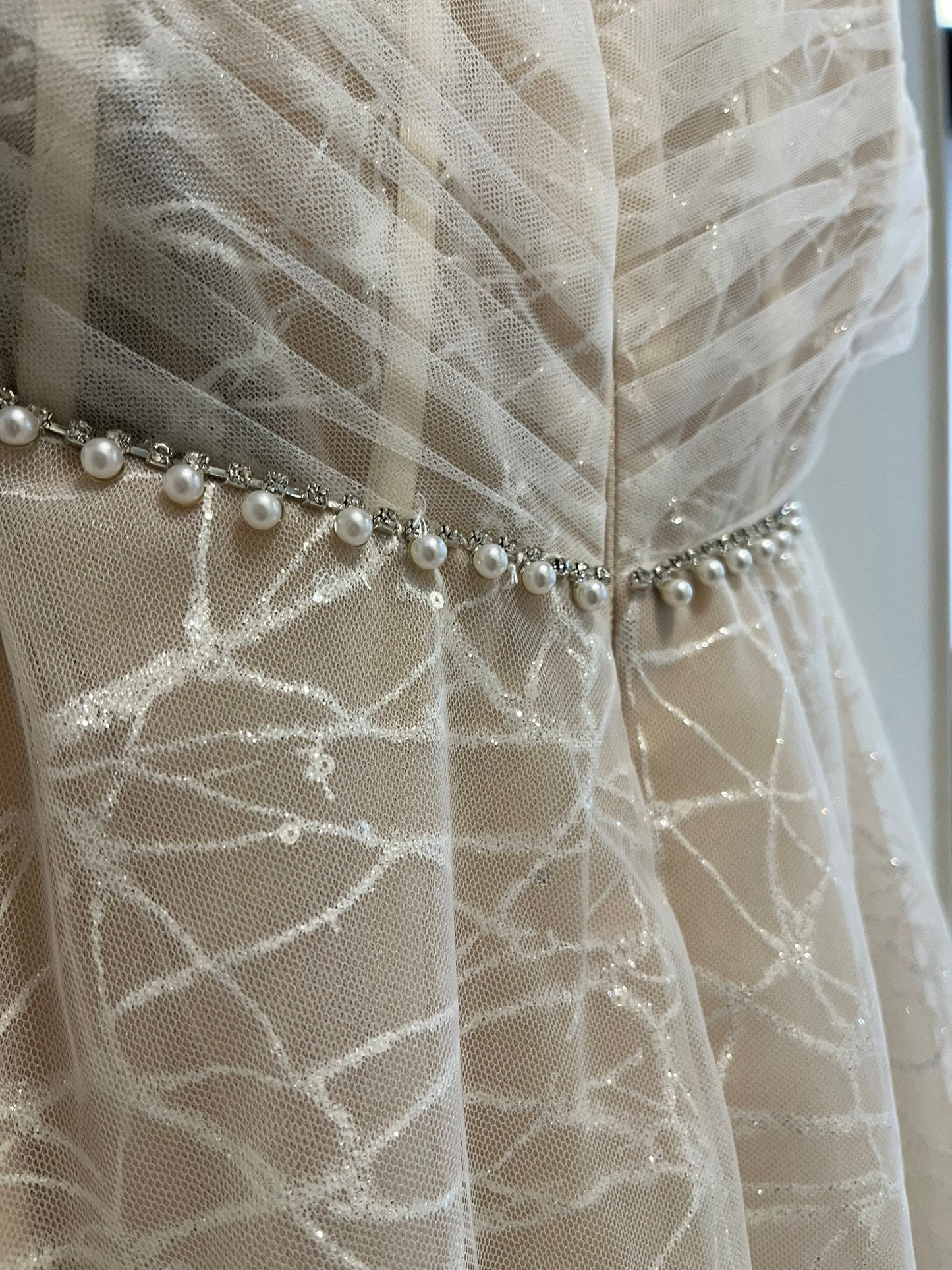 pearl belt on Lucinda 3012: Shimmering Off-the-Shoulder A-line Tulle Wedding Dress
