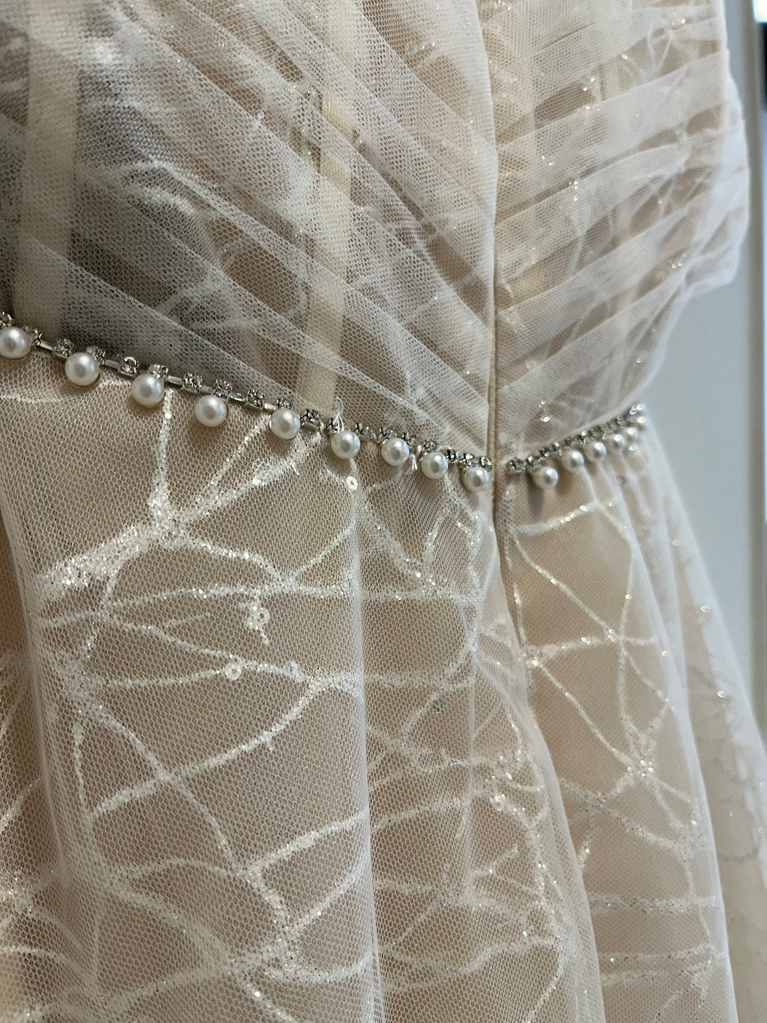 pearl belt on Lucinda 3012: Shimmering Off-the-Shoulder A-line Tulle Wedding Dress